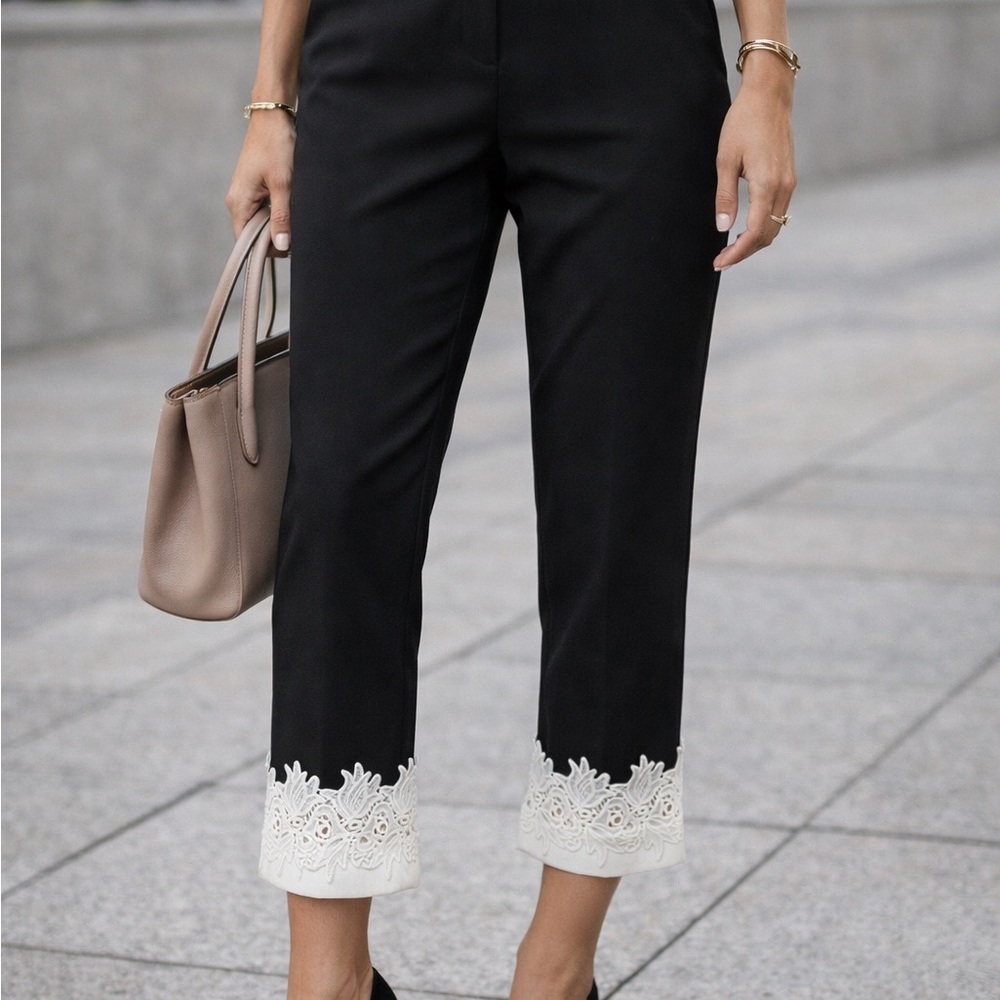 Ted Baker London Cropped Pants Black White Lace Hem Women’s Size 4 Capri